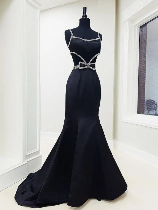 Elegant Satin Mermaid Prom Dress with Basque Waistline, Rhinestone, Bow & Spaghetti Strap – Style FD6080-prom dresses 2025 -Viniodress-Fuchsia-Custom Size-