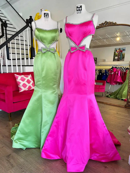 Elegant Satin Mermaid Prom Dress with Basque Waistline, Rhinestone, Bow & Spaghetti Strap – Style FD6080-prom dresses 2025 -Viniodress-Fuchsia-Custom Size-