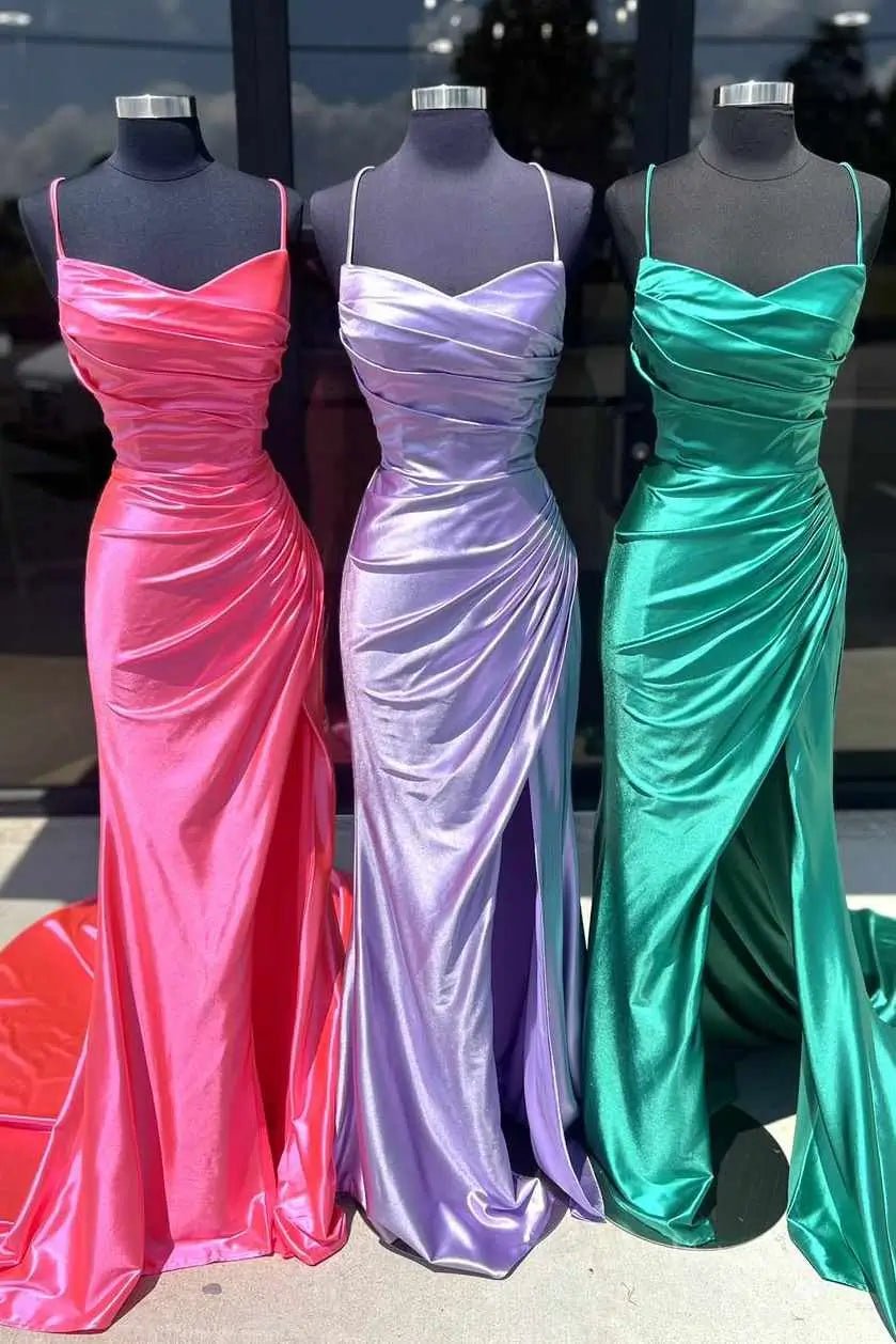 Elegant Satin Mermaid Prom Dresses 2025 with Pleated Bodice, Spaghetti Strap & Slit – FD5090 - Viniodressprom dressesPinkCustom Size - Formal Dresses - Ball Gowns