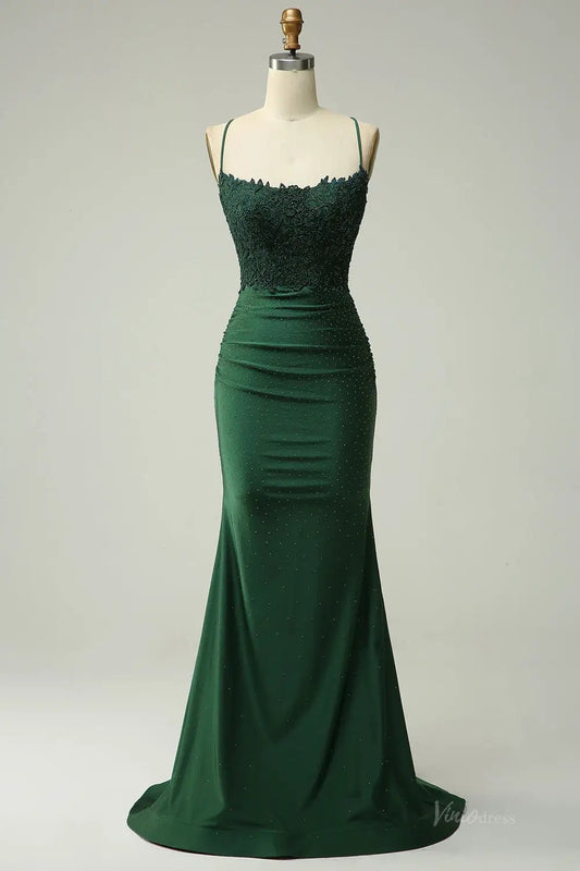 Elegant Satin Mermaid Prom Dresses 2025 with Spaghetti Strap & Lace Applique – FD5071-prom dresses 2025 -Viniodress-Green-Custom Size-