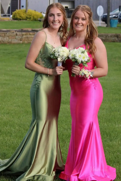 Elegant Satin Mermaid Prom Dresses 2025 with V-Neck, Lace Applique & Spaghetti Strap – FD5061-prom dresses 2025 -Viniodress-Custom Colors-Custom Size-