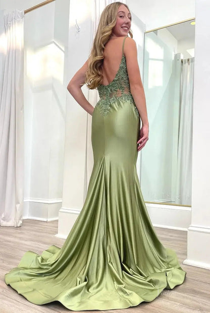 Elegant Satin Mermaid Prom Dresses 2025 with V-Neck, Lace Applique & Spaghetti Strap – FD5061-prom dresses 2025 -Viniodress-Custom Colors-Custom Size-