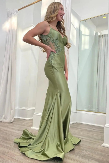 Elegant Satin Mermaid Prom Dresses 2025 with V-Neck, Lace Applique & Spaghetti Strap – FD5061-prom dresses 2025 -Viniodress-Custom Colors-Custom Size-