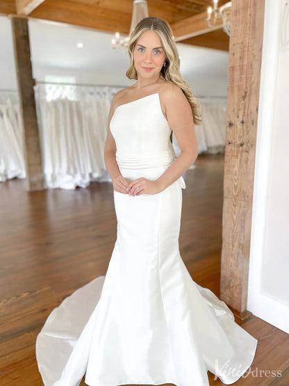 Elegant Satin Mermaid Wedding Dress with Asymmetrical Neckline and Chapel Train – VW2526-wedding dresses 2025 -Viniodress-White-Custom Size-