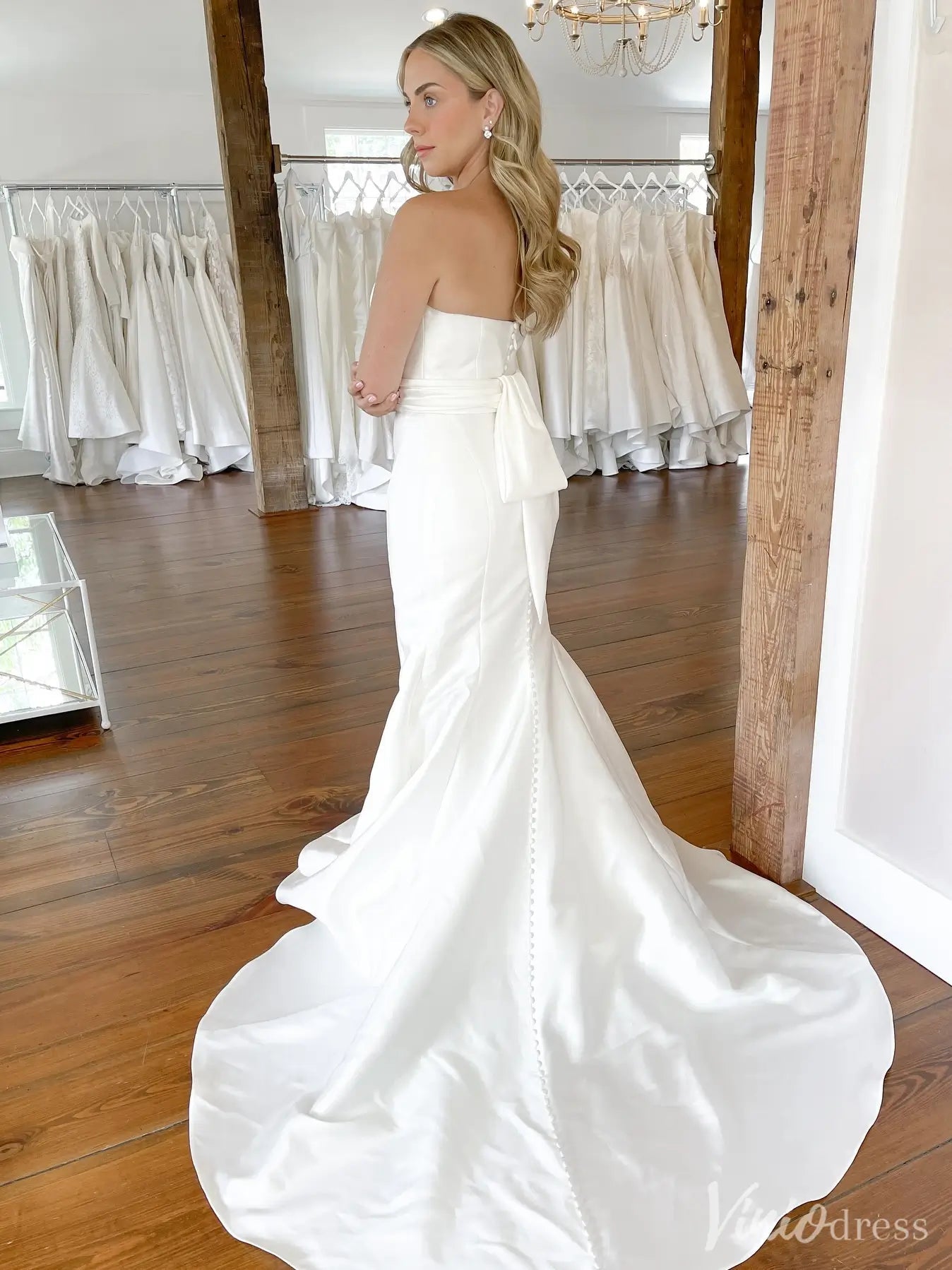 Elegant Satin Mermaid Wedding Dress with Asymmetrical Neckline and Chapel Train – VW2526-wedding dresses 2025 -Viniodress-White-Custom Size-