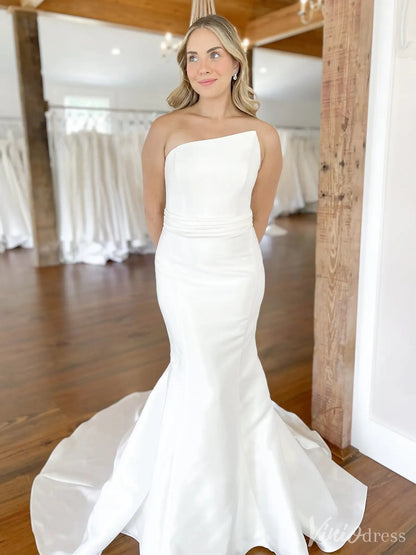 Elegant Satin Mermaid Wedding Dress with Asymmetrical Neckline and Chapel Train – VW2526-wedding dresses 2025 -Viniodress-White-Custom Size-