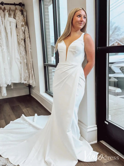 Elegant Satin Mermaid Wedding Dress with Plunging Neckline, Draped Waist and Chapel Train – MN120-wedding dresses 2025 -Viniodress-Ivory-Custom Size-
