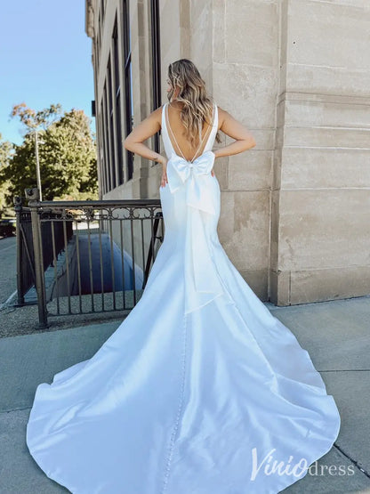 Satin Mermaid Wedding Dress with Plunging Neckline and Bow MN114 Viniodress Satin Mermaid Wedding Dress with Plunging Neckline and Bow MN114 Viniodress