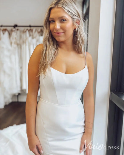 Elegant Satin Mermaid Wedding Dress with Scoop Neckline, Spaghetti Straps, Low Back and Bow Train – MN119-wedding dresses 2025 -Viniodress-Ivory-Custom Size-