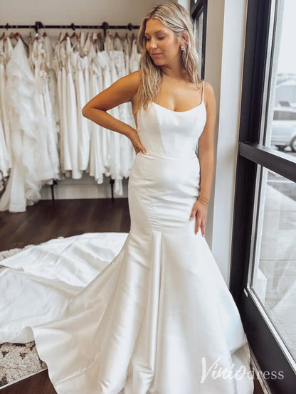 Elegant Satin Mermaid Wedding Dress with Scoop Neckline, Spaghetti Straps, Low Back and Bow Train – MN119-wedding dresses 2025 -Viniodress-Ivory-Custom Size-
