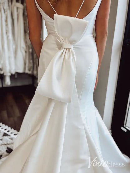 Elegant Satin Mermaid Wedding Dress with Scoop Neckline, Spaghetti Straps, Low Back and Bow Train – MN119-wedding dresses 2025 -Viniodress-Ivory-Custom Size-