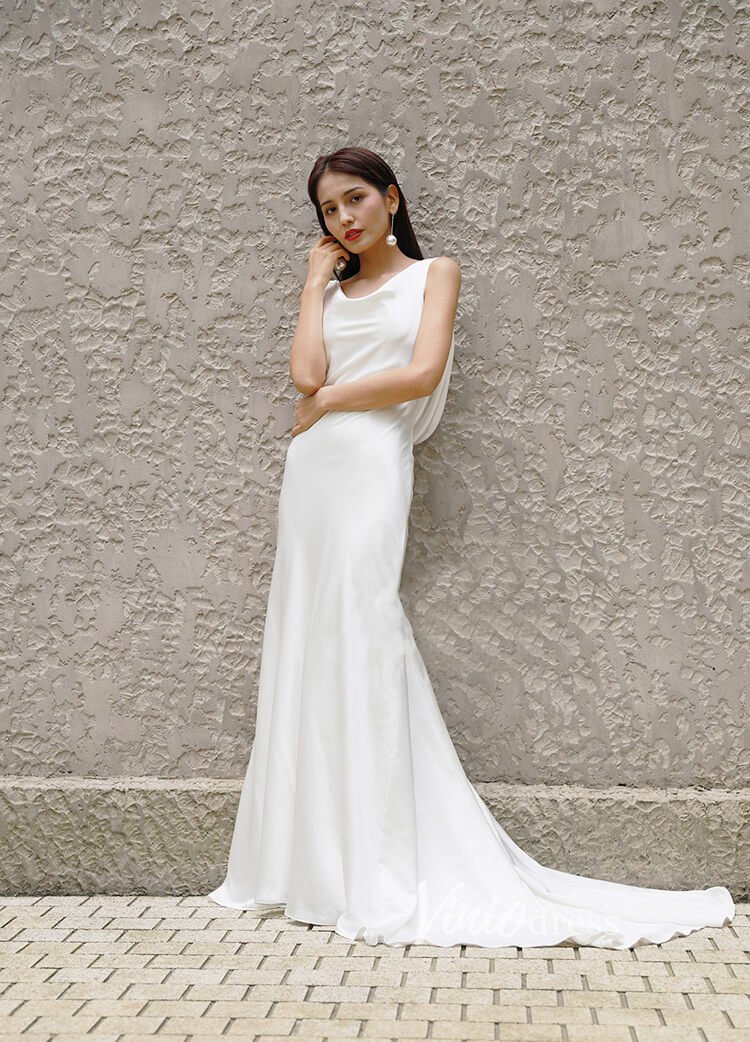 Elegant Satin Mermaid Wedding Dresses Boat Neck Bridal Dress VW2206 - Viniodresswedding dressesWhiteCustom Size - Formal Dresses - Ball Gowns