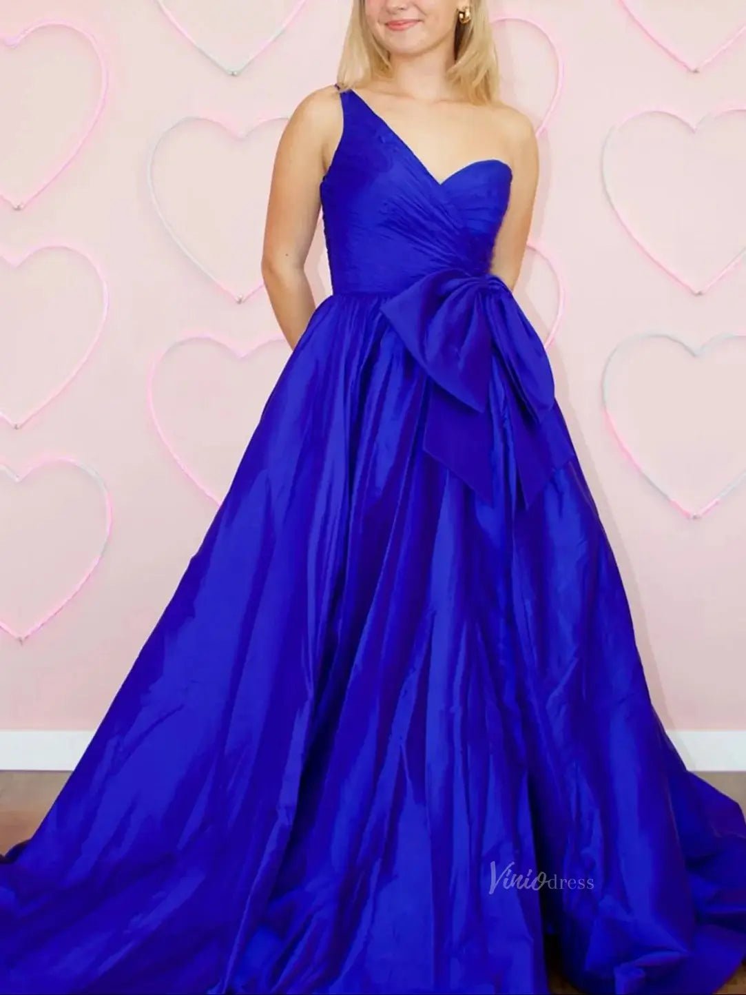 Elegant Satin One Shoulder Prom Dresses with Bow & Pockets - FD5139-prom dresses 2025 -Viniodress-Blue-Custom Size-