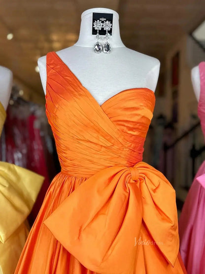 Elegant Satin One Shoulder Prom Dresses with Bow & Pockets - FD5139-prom dresses 2025 -Viniodress-Orange-Custom Size-