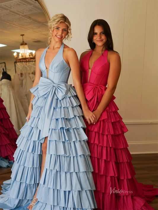 Elegant Satin Ruffled Prom Dresses with Slit, Halter Neck & Bow - FD3740-prom dresses 2025 -Viniodress-Light Blue-Custom Size-