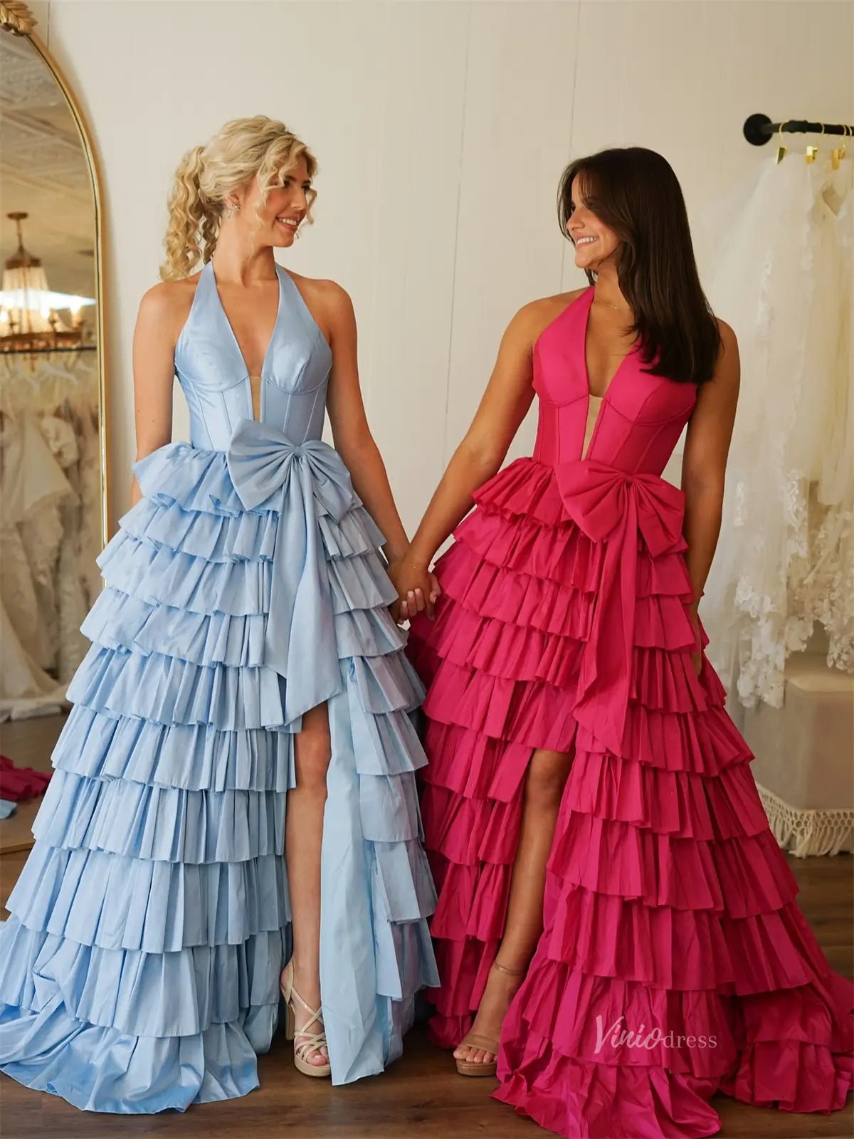 Elegant Satin Ruffled Prom Dresses with Slit, Halter Neck & Bow - FD3740-prom dresses 2025 -Viniodress-Light Blue-Custom Size-