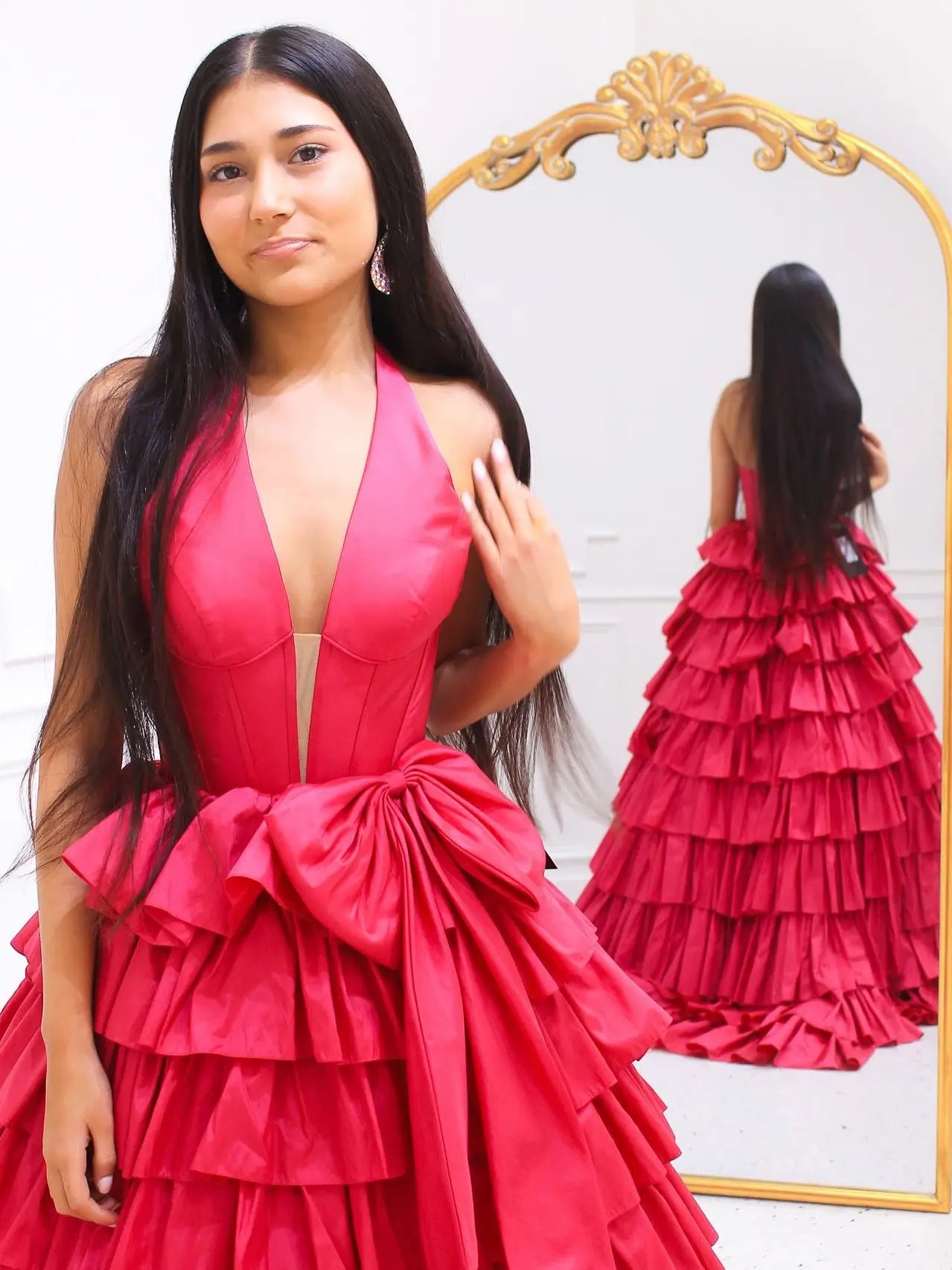 Elegant Satin Ruffled Prom Dresses with Slit, Halter Neck & Bow - FD3740-prom dresses 2025 -Viniodress-Light Blue-Custom Size-