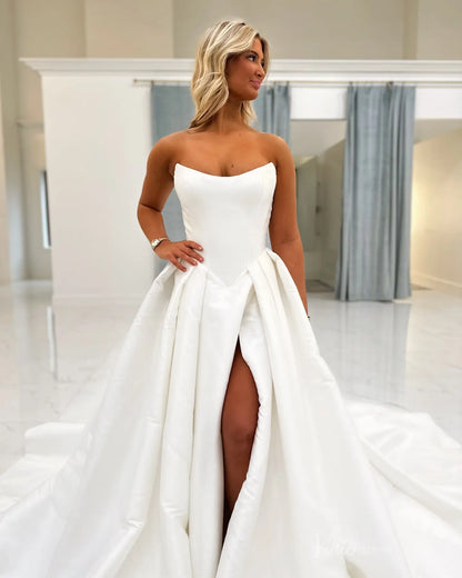 Elegant Satin Strapless Wedding Dress with Structured Bodice, High Slit & Dramatic Chapel Train – MS128-wedding dresses 2025 -Viniodress-Ivory-Custom Size-