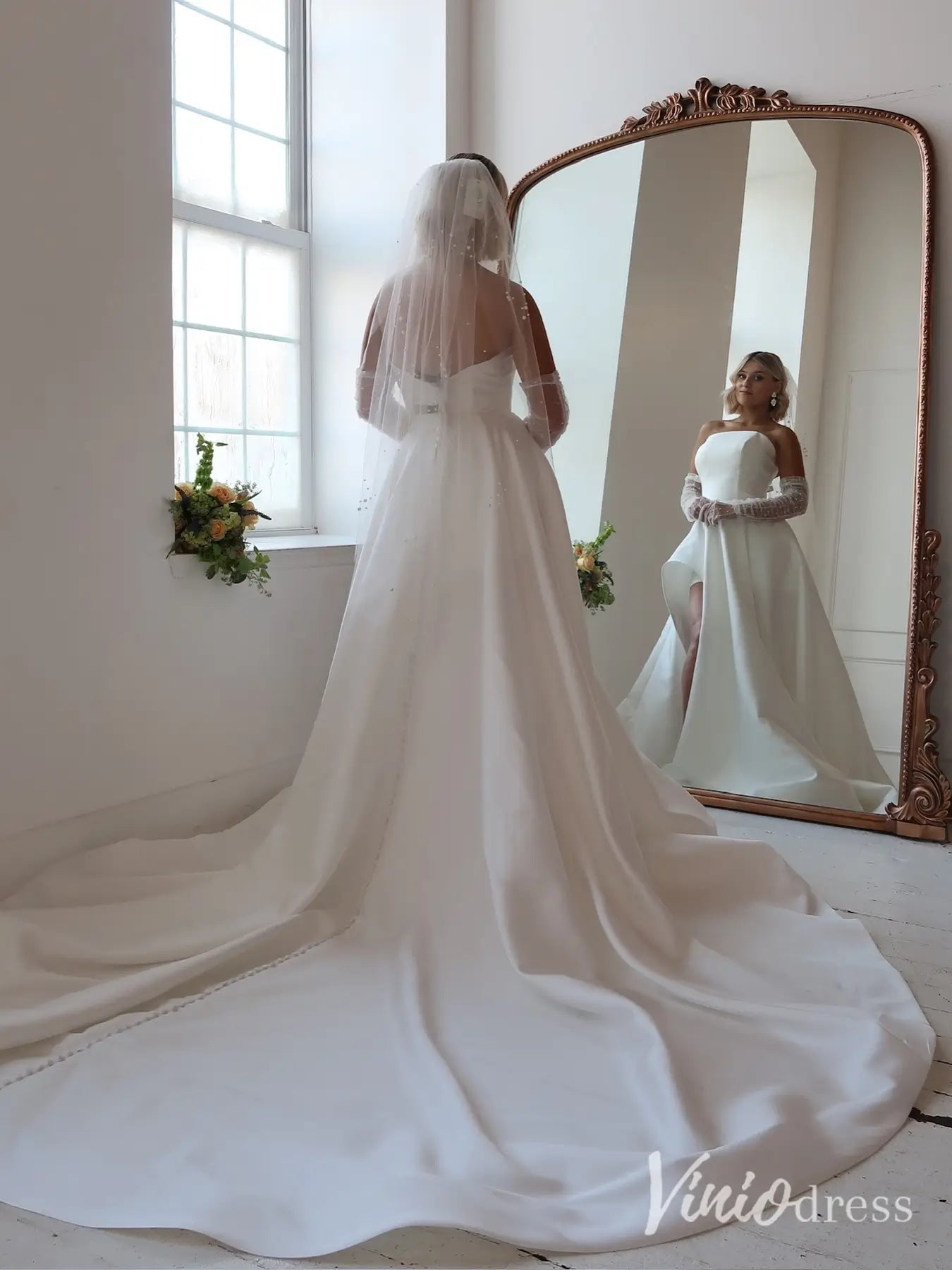 Elegant Satin Wedding Dress with High Slit, Chapel Train and Overskirt – MS115-wedding dresses 2025 -Viniodress-Ivory-Custom Size-