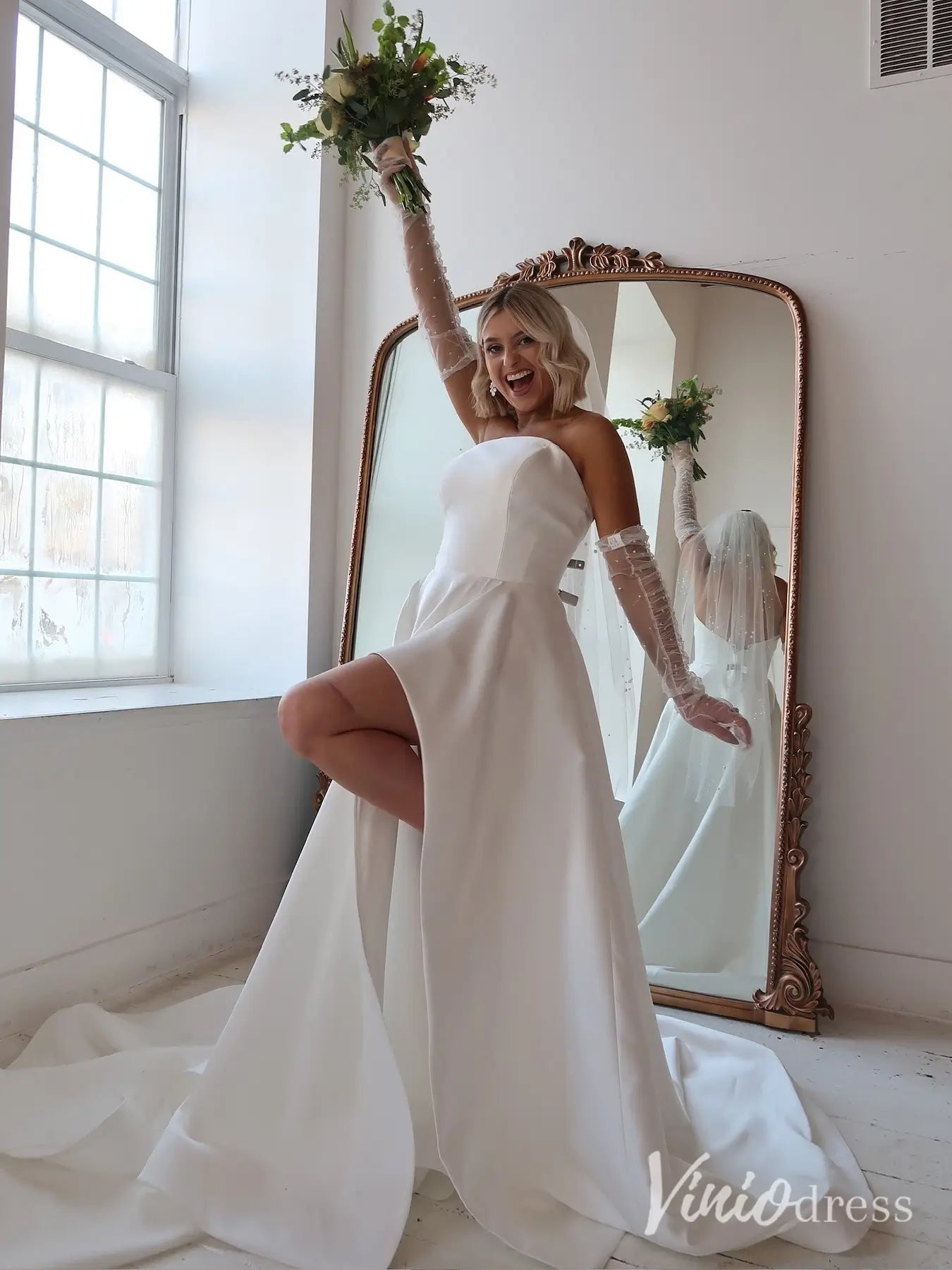 Elegant Satin Wedding Dress with High Slit, Chapel Train and Overskirt – MS115-wedding dresses 2025 -Viniodress-Ivory-Custom Size-