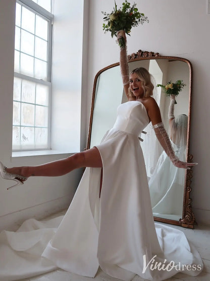 Elegant Satin Wedding Dress with High Slit, Chapel Train and Overskirt – MS115-wedding dresses 2025 -Viniodress-Ivory-Custom Size-