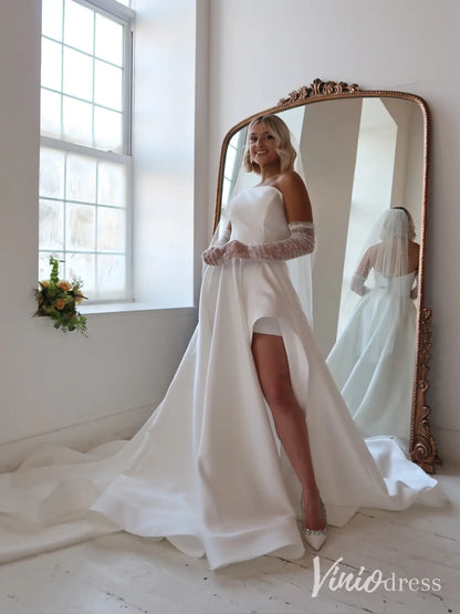 Elegant Satin Wedding Dress with High Slit, Chapel Train and Overskirt – MS115-wedding dresses 2025 -Viniodress-Ivory-Custom Size-