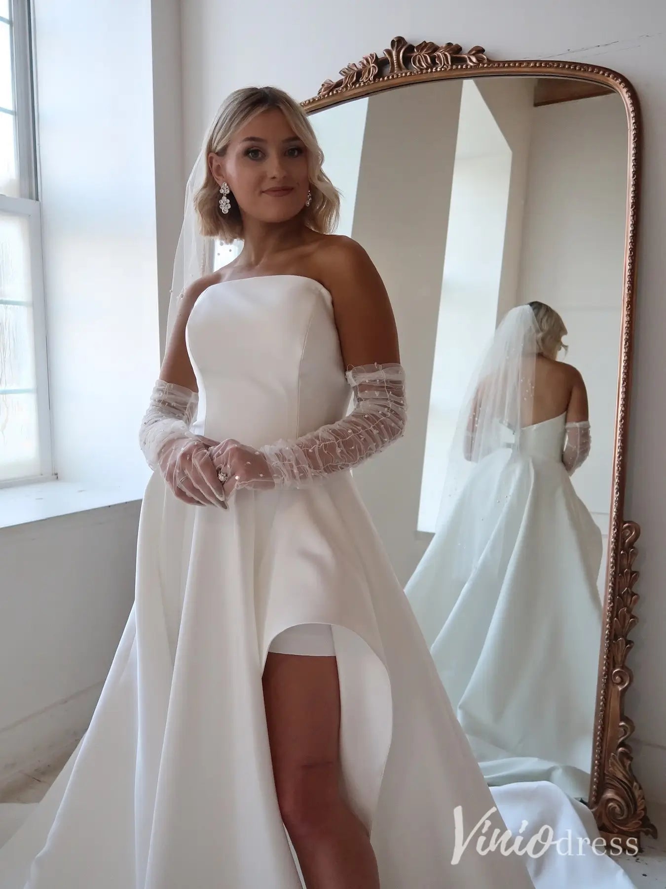 Elegant Satin Wedding Dress with High Slit, Chapel Train and Overskirt – MS115-wedding dresses 2025 -Viniodress-Ivory-Custom Size-