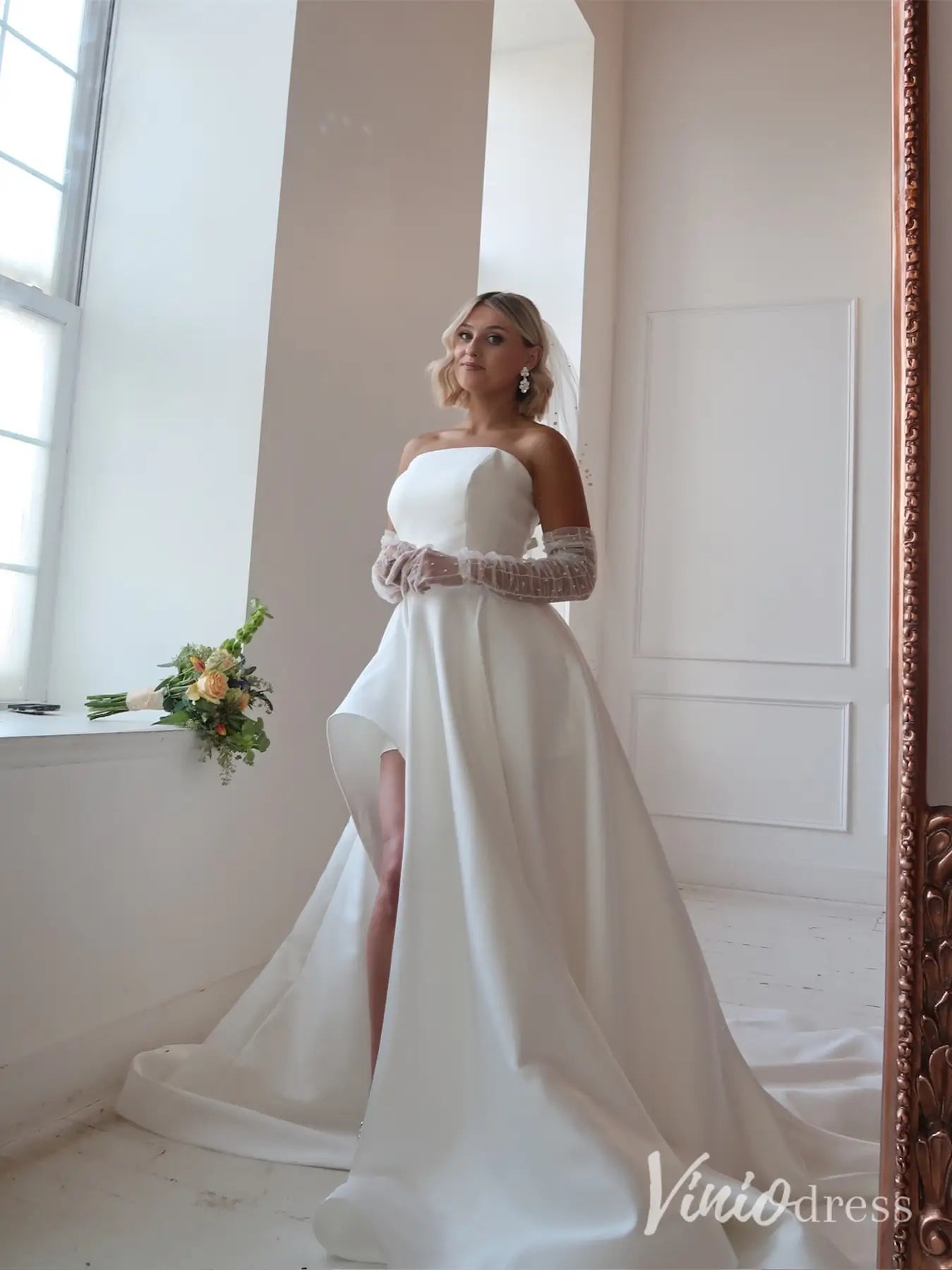Elegant Satin Wedding Dress with High Slit, Chapel Train and Overskirt – MS115-wedding dresses 2025 -Viniodress-Ivory-Custom Size-