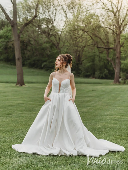 Elegant Satin Wedding Dress with Spaghetti Straps, Plunging Neckline, Bow Back and Chapel Train – MS117-wedding dresses 2025 -Viniodress-Ivory-Custom Size-
