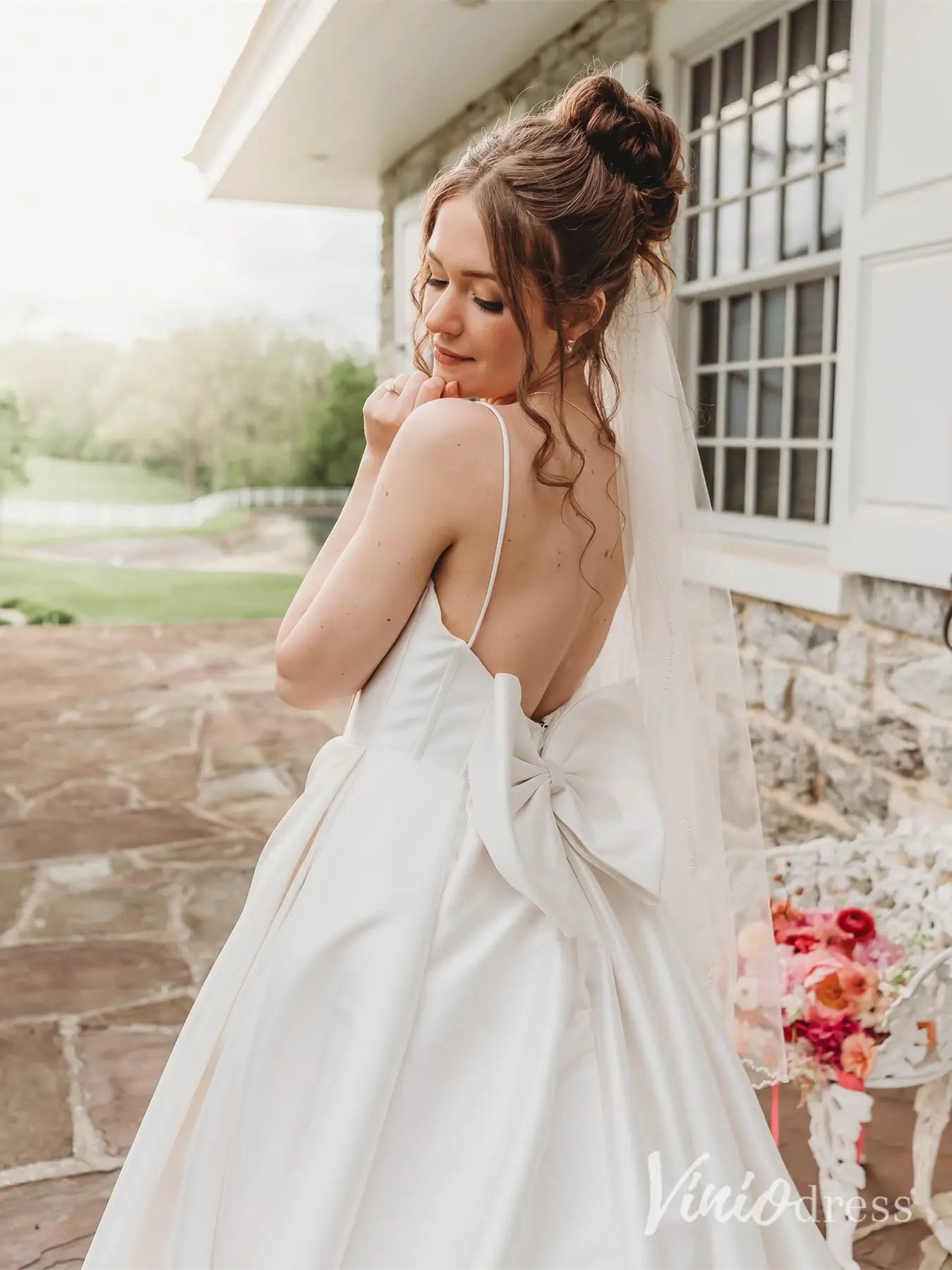 Elegant Satin Wedding Dress with Spaghetti Straps, Plunging Neckline, Bow Back and Chapel Train – MS117-wedding dresses 2025 -Viniodress-Ivory-Custom Size-