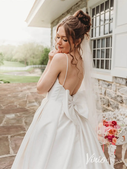 Elegant Satin Wedding Dress with Spaghetti Straps, Plunging Neckline, Bow Back and Chapel Train – MS117-wedding dresses 2025 -Viniodress-Ivory-Custom Size-