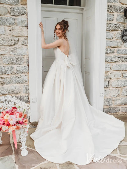 Elegant Satin Wedding Dress with Spaghetti Straps, Plunging Neckline, Bow Back and Chapel Train – MS117-wedding dresses 2025 -Viniodress-Ivory-Custom Size-