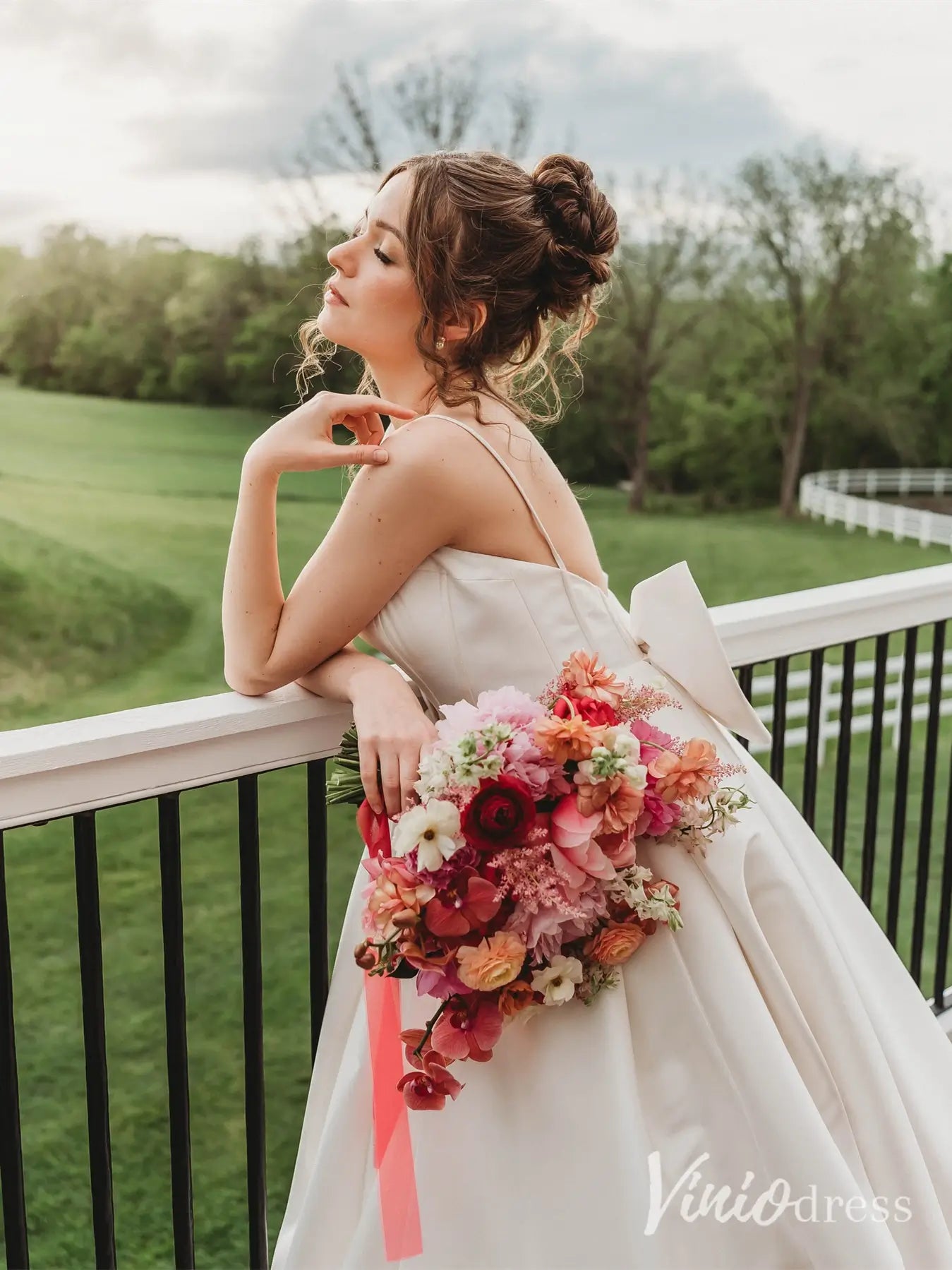 Elegant Satin Wedding Dress with Spaghetti Straps, Plunging Neckline, Bow Back and Chapel Train – MS117-wedding dresses 2025 -Viniodress-Ivory-Custom Size-