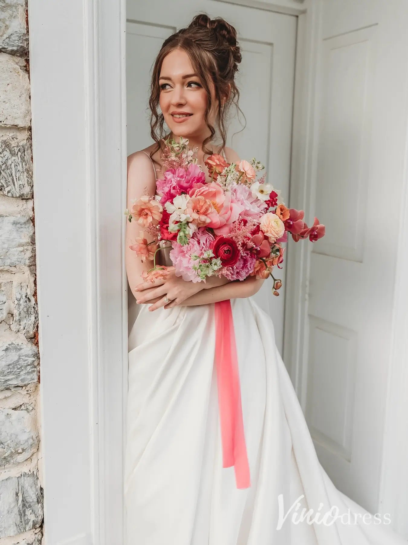 Elegant Satin Wedding Dress with Spaghetti Straps, Plunging Neckline, Bow Back and Chapel Train – MS117-wedding dresses 2025 -Viniodress-Ivory-Custom Size-