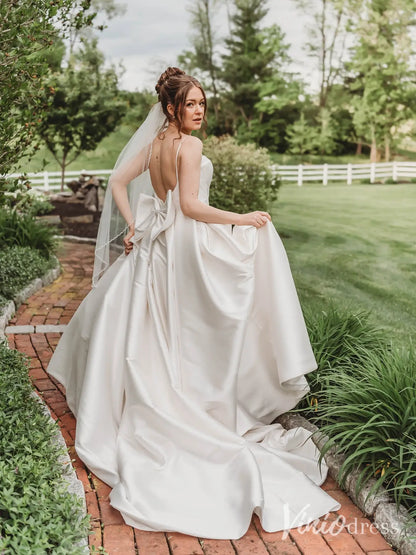 Elegant Satin Wedding Dress with Spaghetti Straps, Plunging Neckline, Bow Back and Chapel Train – MS117-wedding dresses 2025 -Viniodress-Ivory-Custom Size-