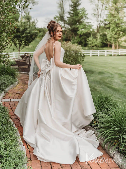 Elegant Satin Wedding Dress with Spaghetti Straps, Plunging Neckline, Bow Back and Chapel Train – MS117-wedding dresses 2025 -Viniodress-Ivory-Custom Size-