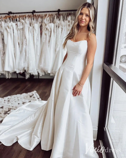 Elegant Satin Wedding Dress with Sweetheart Neckline, Removable Tulle Sleeves and Chapel Train – MS118-wedding dresses 2025 -Viniodress-Ivory-Custom Size-