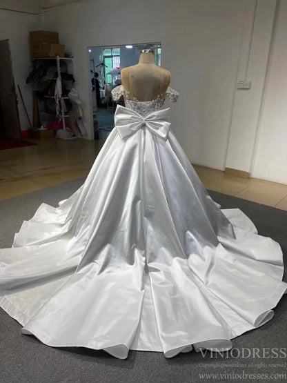 Elegant Satin Wedding Gown with Bow on Back 67412-wedding dresses 2025 -Viniodress-Ivory-Custom Size-