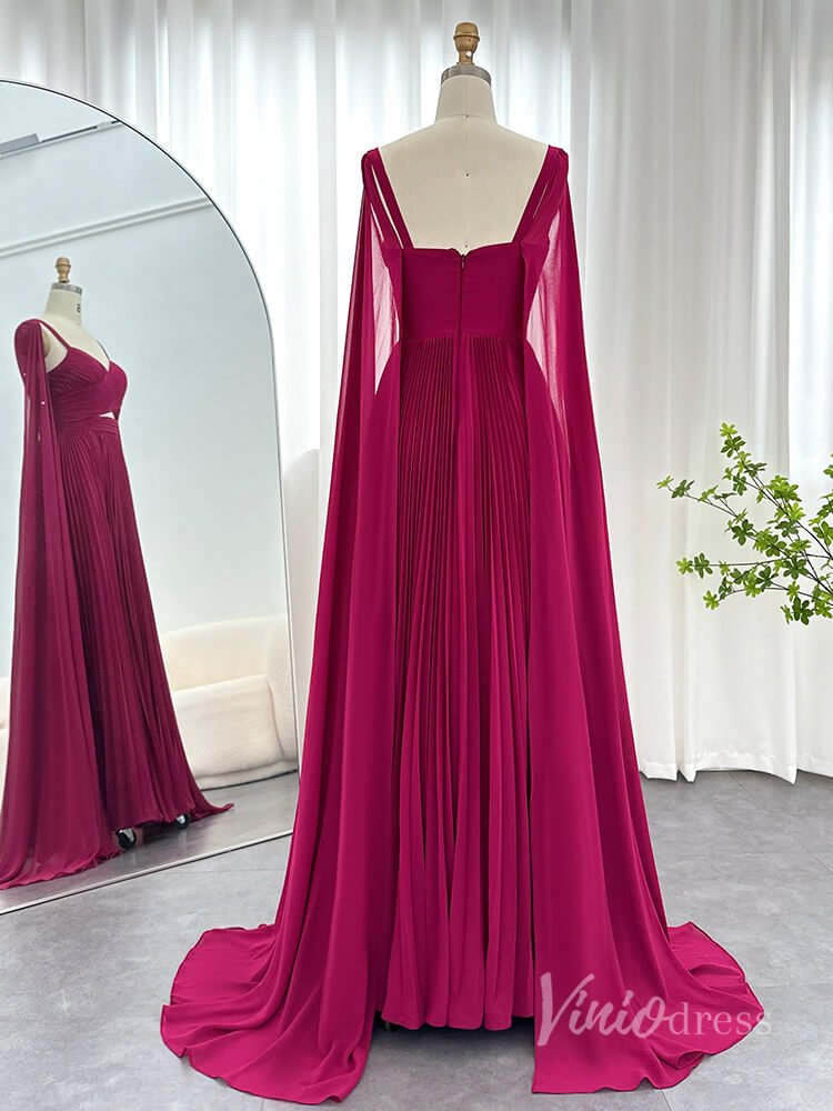 Elegant Sheath Chiffon Prom Dresses Cape Sleeve Mother of the Bride Dress AD1183-prom dresses 2025 -Viniodress-Fuchsia-US 2-