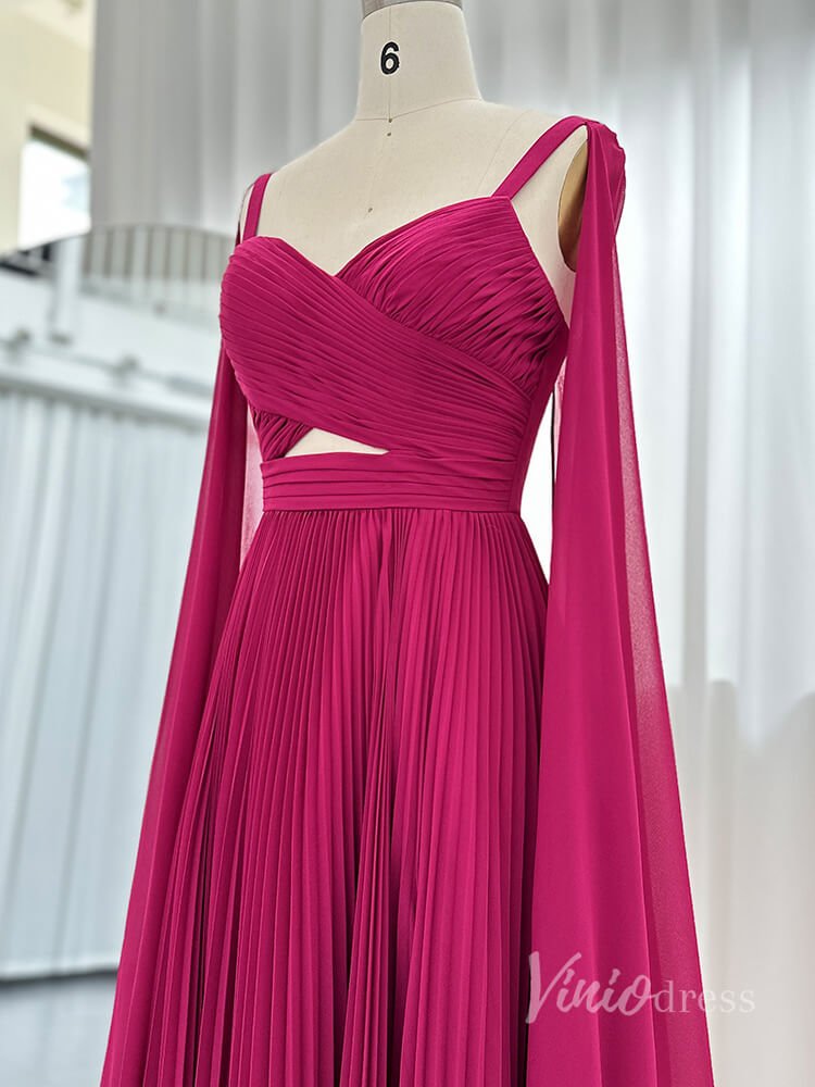 Elegant Sheath Chiffon Prom Dresses Cape Sleeve Mother of the Bride Dress AD1183-prom dresses 2025 -Viniodress-Fuchsia-US 2-