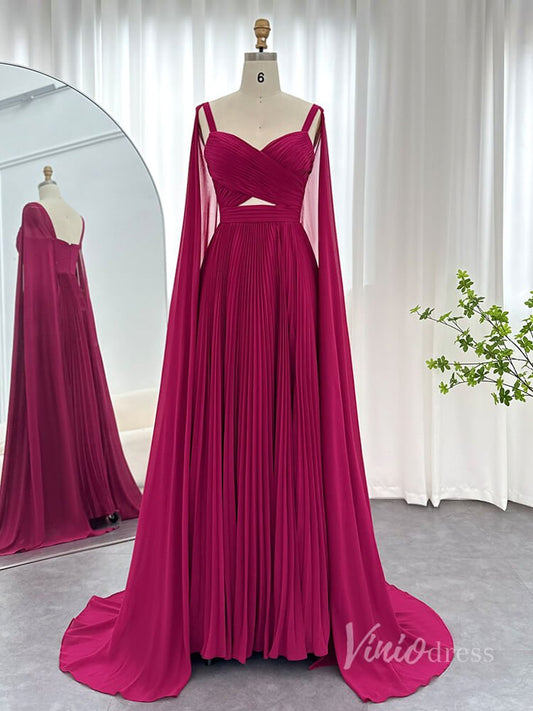Elegant Sheath Chiffon Prom Dresses Cape Sleeve Mother of the Bride Dress AD1183-prom dresses 2025 -Viniodress-Fuchsia-US 2-