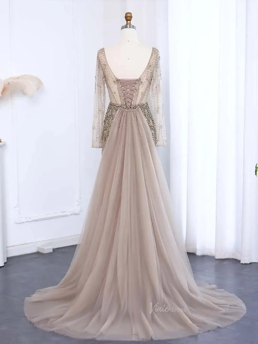 Elegant Sheath Prom Dress Beaded Pearl Formal Dress Square Neck, Long Sleeve BD012-Evening Dresses 2025 -Viniodress-Nude-US 2-