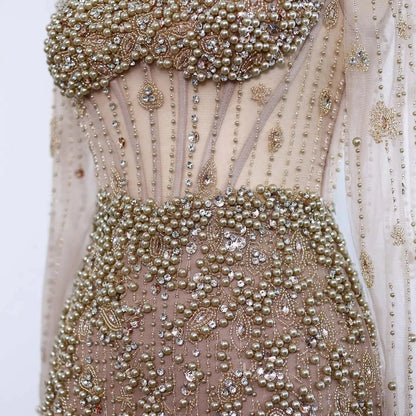 Elegant Sheath Prom Dress Beaded Pearl Formal Dress Square Neck, Long Sleeve BD012-Evening Dresses 2025 -Viniodress-Nude-US 2-