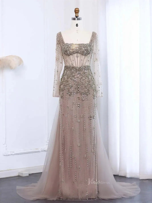 Elegant Sheath Prom Dress Beaded Pearl Formal Dress Square Neck, Long Sleeve BD012-Evening Dresses 2025 -Viniodress-Nude-US 2-