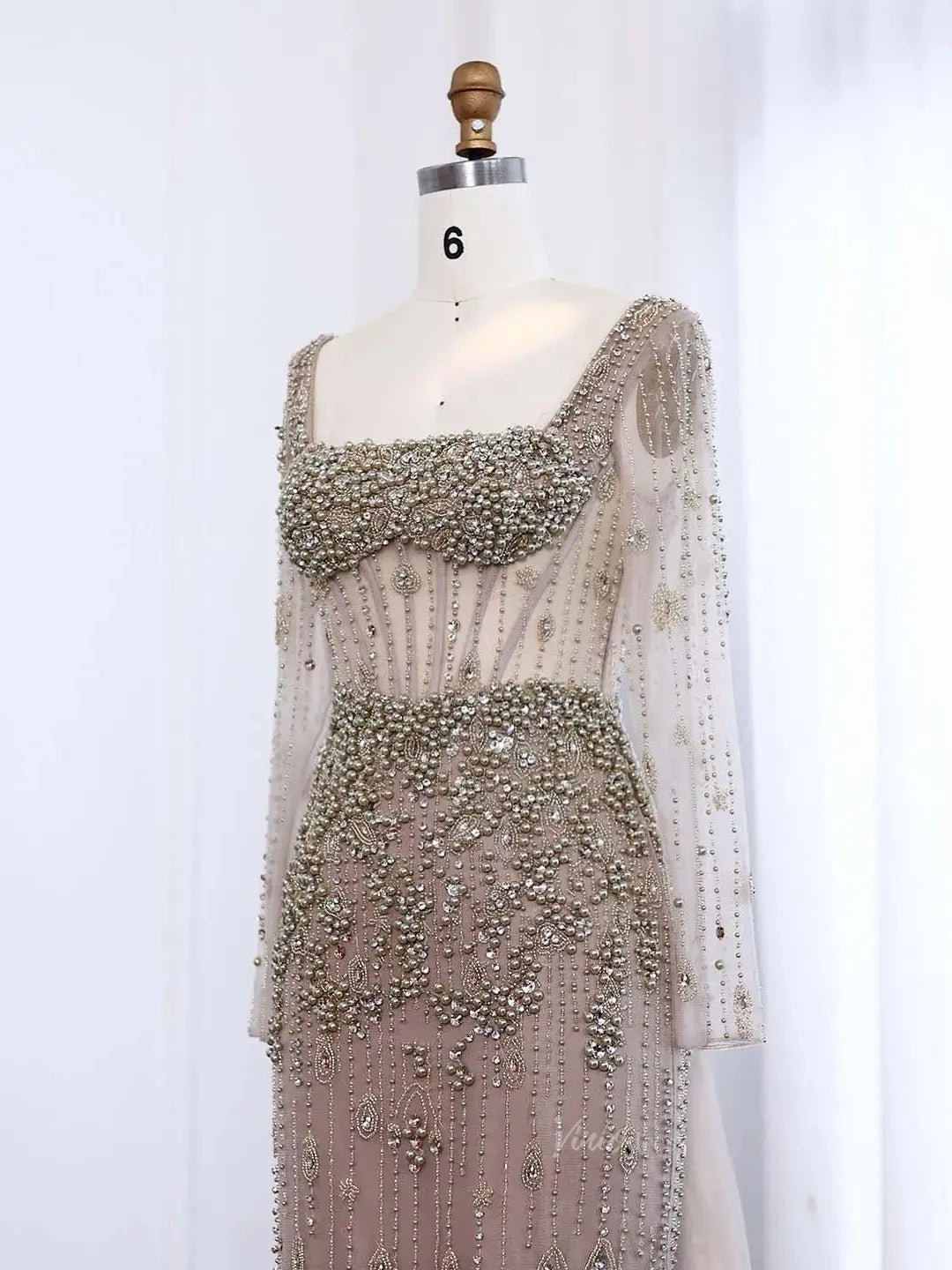 Elegant Sheath Prom Dress Beaded Pearl Formal Dress Square Neck, Long Sleeve BD012-Evening Dresses 2025 -Viniodress-Nude-US 2-