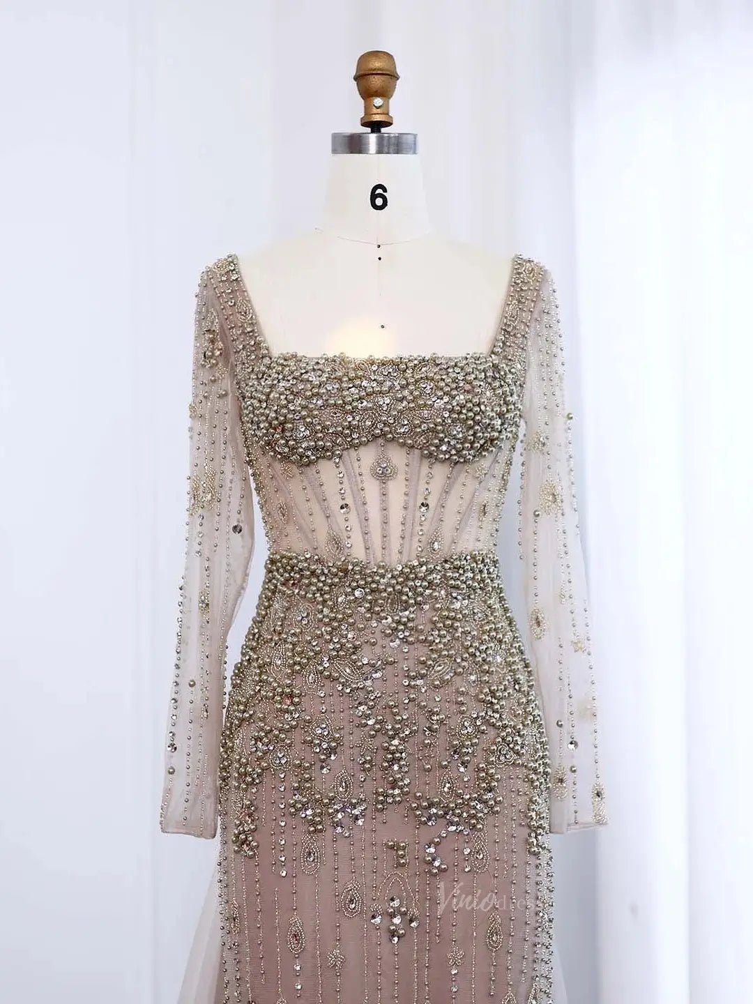 Elegant Sheath Prom Dress Beaded Pearl Formal Dress Square Neck, Long Sleeve BD012-Evening Dresses 2025 -Viniodress-Nude-US 2-