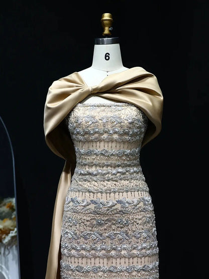 Elegant Sheath Prom Dresses Beaded Formal Dresses with Draped Train BD023-Evening Dresses 2025 -Viniodress-Light Green-US 2-