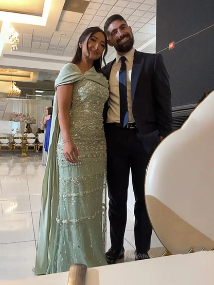 Elegant Sheath Prom Dresses Beaded Formal Dresses with Draped Train BD023-Evening Dresses 2025 -Viniodress-Light Green-US 2-
