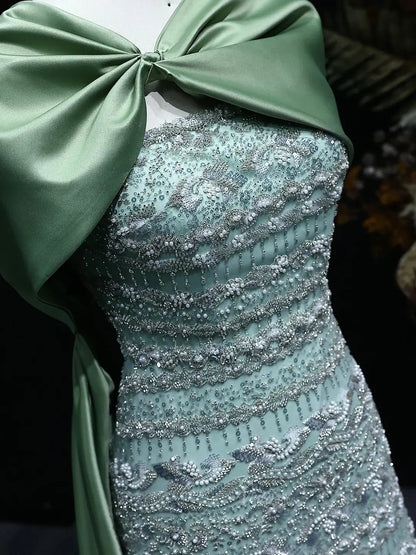 Elegant Sheath Prom Dresses Beaded Formal Dresses with Draped Train BD023-Evening Dresses 2025 -Viniodress-Light Green-US 2-