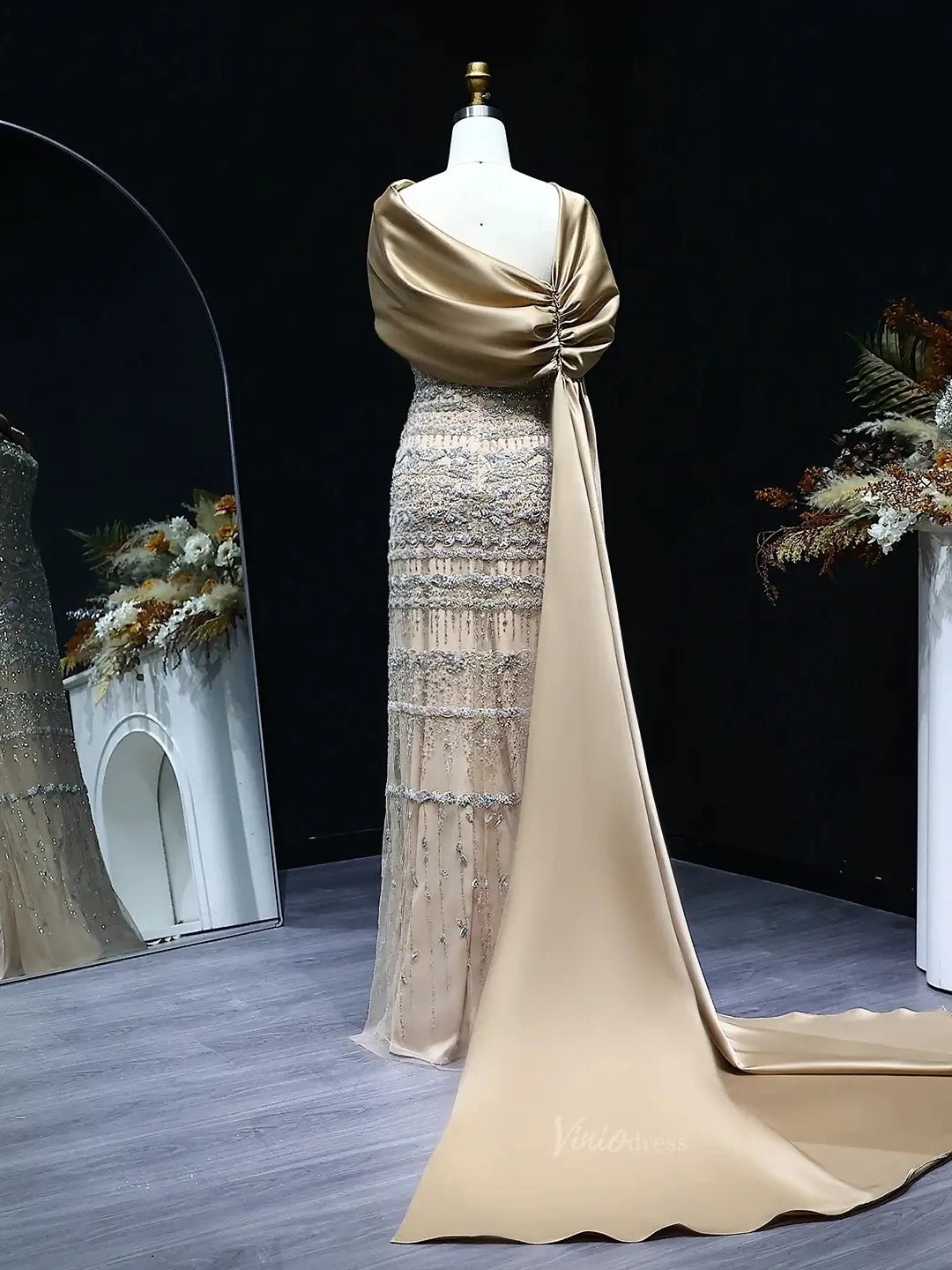 Elegant Sheath Prom Dresses Beaded Formal Dresses with Draped Train BD Viniodress Elegant Sheath Prom Dresses Beaded Formal Dresses with Draped Train BD Viniodress